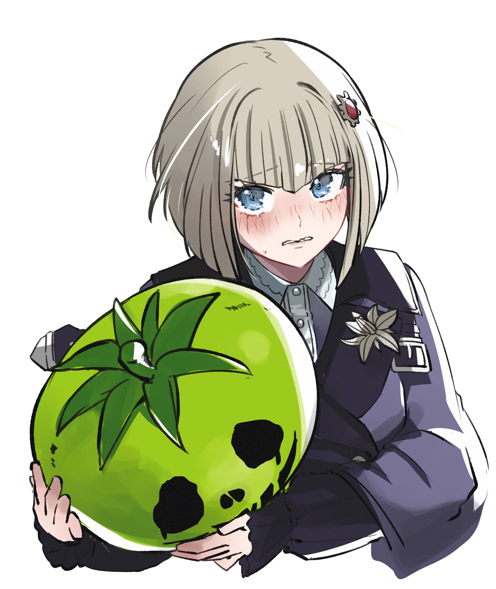 misokatsuhaumai, oosuzuki kurara, the hundred line -last defense academy-, commentary, english commentary, highres, second-party source, 1girl, blonde hair, blue eyes, blush, cropped torso, gift art, grey jacket, hair ornament, holding, holding mask, jacket, looking at viewer, mask, nose blush, shirt, short hair, simple background, small sweatdrop, solo, unworn mask, white background, white shirt