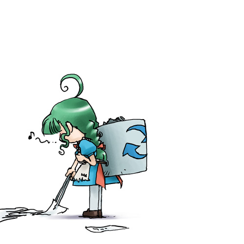 me-tan, os-tan, lowres, 1girl, ahoge, apron, blue dress, blunt bangs, braid, chibi, chibi only, dress, female focus, from side, full body, green hair, musical note, paper, puffy short sleeves, puffy sleeves, recycle bin, shoes, short sleeves, solo, standing, thighhighs, twin braids, white apron, white thighhighs