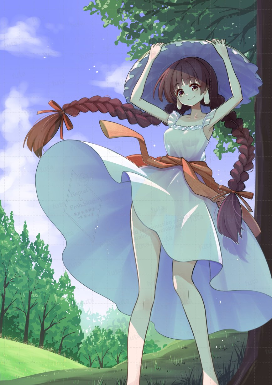 futa (nabezoko), yatadera narumi, touhou, commentary request, highres, 1girl, ajirogasa, alternate costume, blue sky, braid, breasts, brown eyes, brown hair, closed mouth, cloud, day, hands on headwear, hat, long earlobes, long hair, looking at viewer, outdoors, sky, smile, solo, tree, twin braids, very long hair, watermark, wind, wind lift