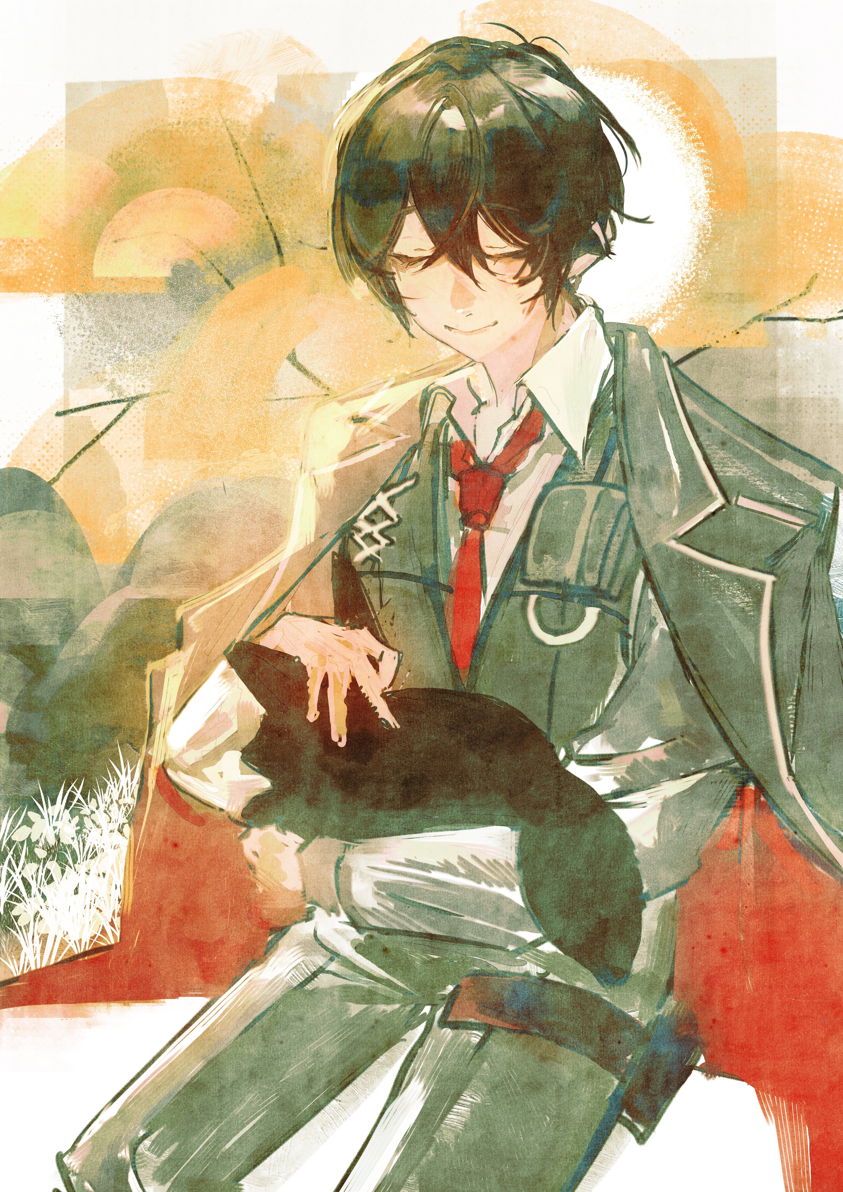 meursoul, yi sang (project moon), limbus company, project moon, absurdres, animal request, highres, 1boy, animal, animal on lap, black hair, black jacket, black vest, closed eyes, collared shirt, crossed bangs, double-parted bangs, jacket, jacket on shoulders, male focus, necktie, on lap, painterly, petting, red necktie, shirt, short hair, sitting, smile, vest, watercolor effect, white shirt