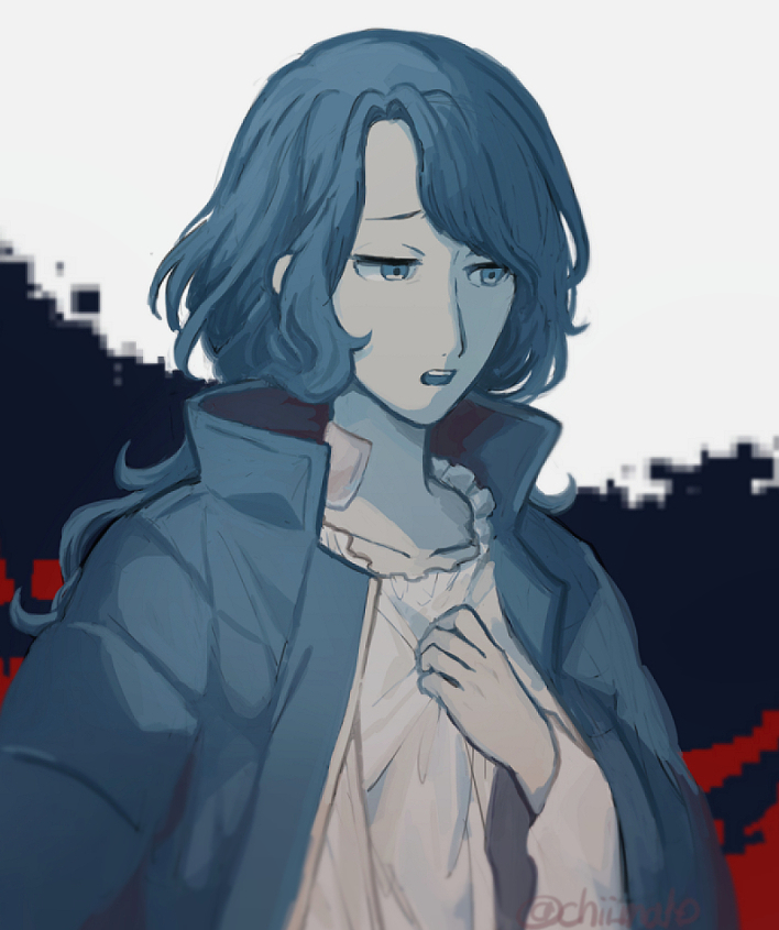 chiimako, toshi densetsu kaitai center, commentary request, 1girl, blue eyes, blue hair, coat, coat on shoulders, dress, grey background, hand on own chest, hand up, hinata (toshi densetsu kaitai center), limited palette, long hair, long sleeves, looking to the side, open clothes, open coat, open mouth, solo, upper body, wavy hair