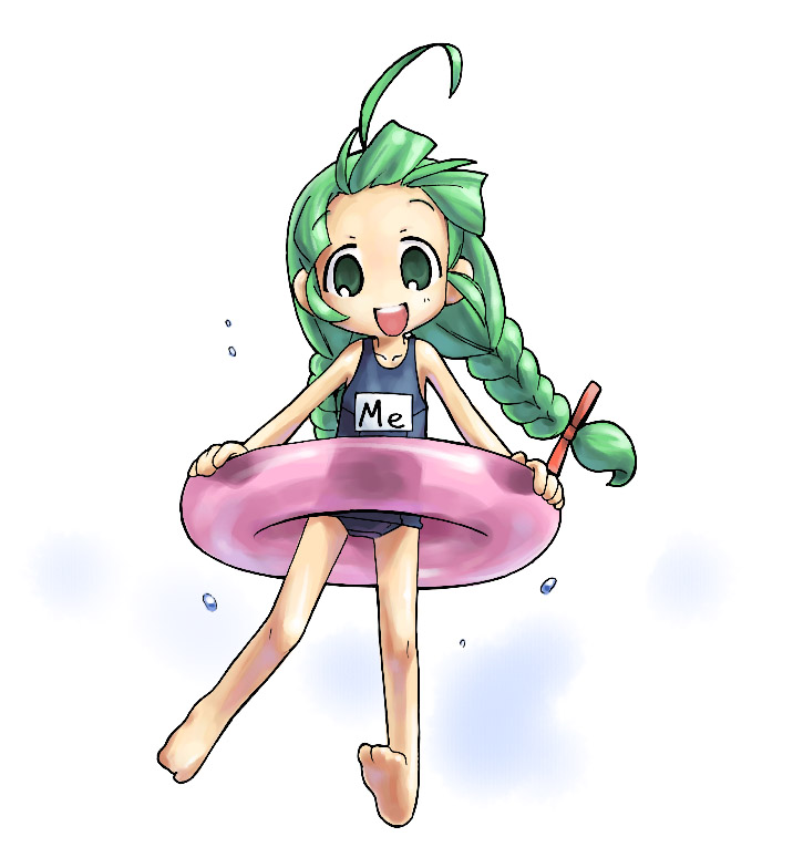 me-tan, os-tan, 1girl, ahoge, braid, female focus, innertube, name tag, one-piece swimsuit, school swimsuit, solo, swim ring, swimsuit, twin braids