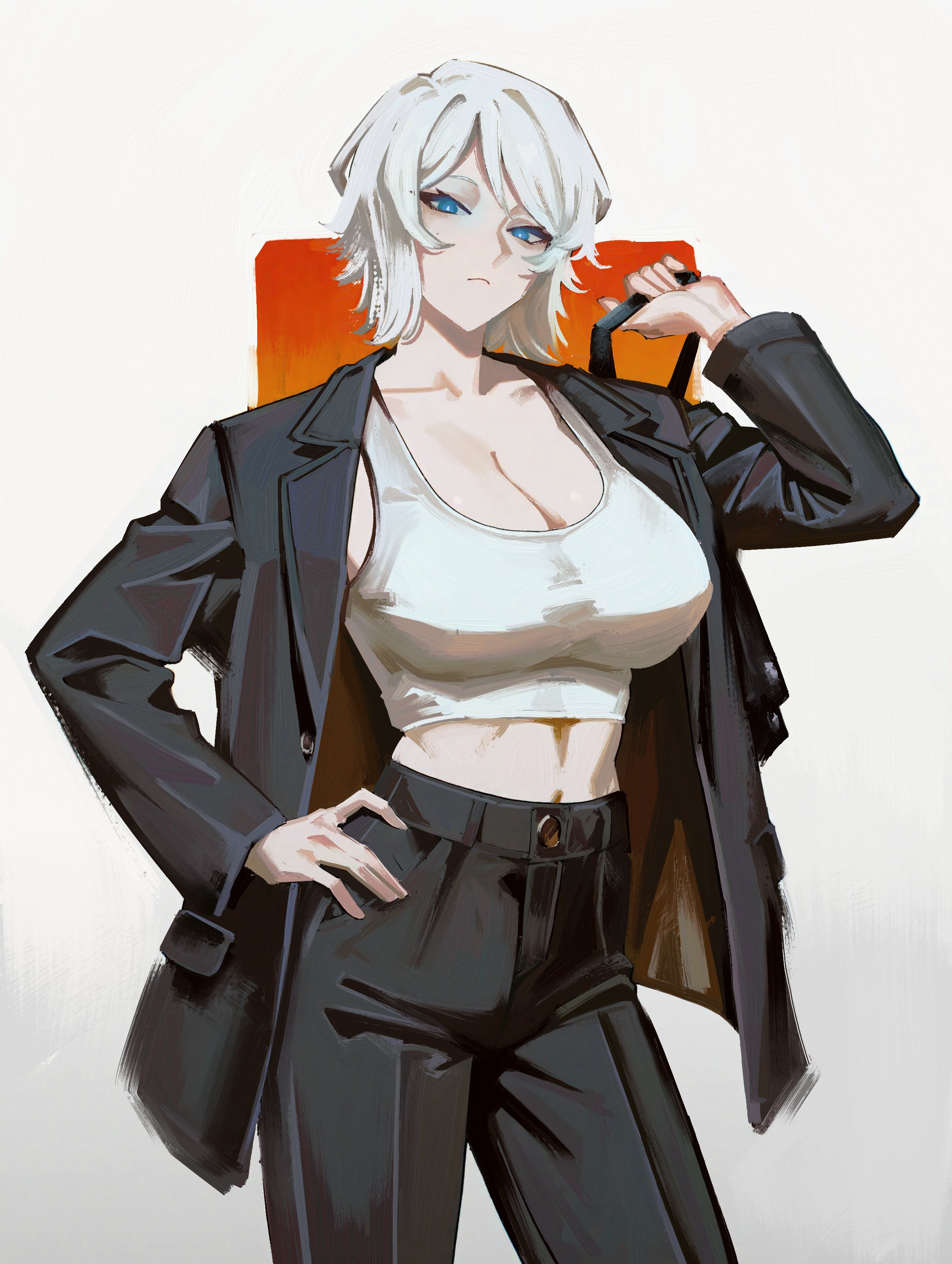atris2nd, faust (project moon), limbus company, project moon, absurdres, highres, 1girl, bag, black bag, black jacket, black pants, blue eyes, breasts, cleavage, closed mouth, cowboy shot, holding, holding bag, jacket, large breasts, open clothes, open jacket, pants, short hair, solo, tank top, white hair, white tank top
