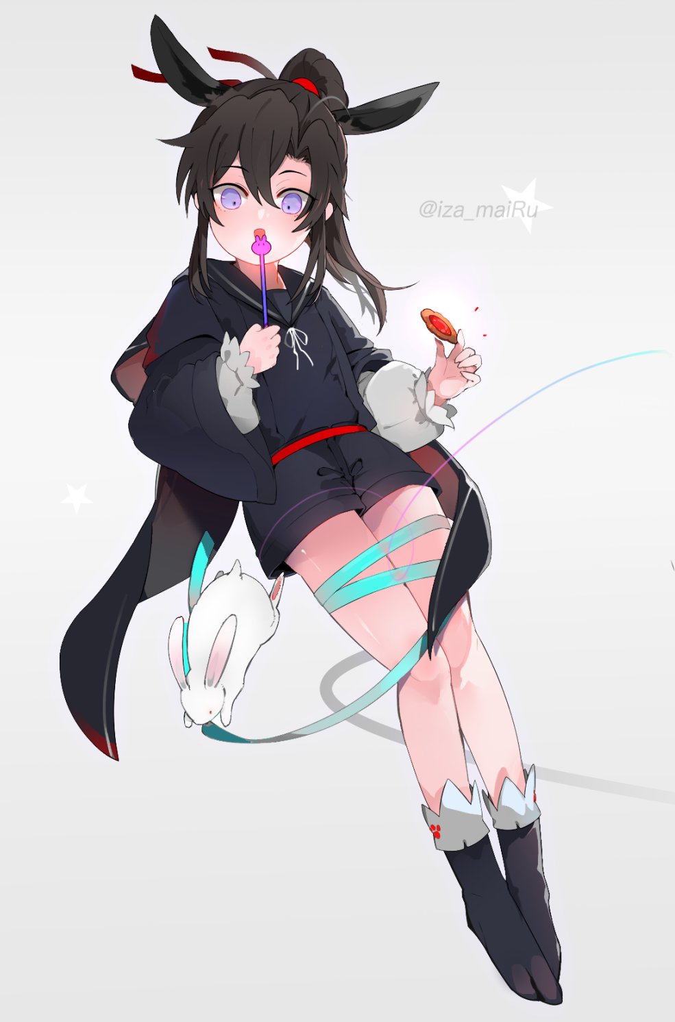 wei wuxian, modao zushi, highres, 1boy, aged down, ahoge, alternate costume, androgynous, animal, animal ears, black boots, black cape, black hair, black sailor collar, black shirt, black shorts, blue ribbon, boots, bound, bound legs, brown hair, candy, cape, contemporary, cookie, food, full body, grey background, hair ribbon, holding, holding candy, holding cookie, holding food, holding lollipop, implied yaoi, iza mairu, kemonomimi mode, lollipop, long hair, long sleeves, looking at viewer, male focus, open mouth, ponytail, puffy sleeves, purple eyes, rabbit, rabbit boy, rabbit ears, red ribbon, ribbon, ribbon bondage, sailor collar, shirt, shorts, sidelocks, simple background, smile, socks, solo, twitter username, white rabbit (animal), wide sleeves