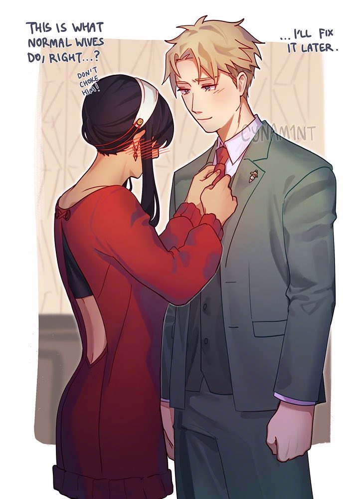 twilight (spy x family), yor briar, spy x family, 1boy, 1girl, adjusting another's clothes, adjusting clothes, adjusting necktie, artist name, backless dress, backless outfit, black hair, blonde hair, blush, border, collared shirt, couple, cowboy shot, cynam1nt, dress, earrings, english text, formal clothes, gold earrings, green jacket, green pants, green suit, hairband, hetero, jacket, jewelry, long hair, looking at another, necktie, pants, red dress, red necktie, shirt, short hair, sidelocks, suit, suit jacket, sweater, sweater dress, updo, vest, waistcoat, white border, white hairband, white shirt