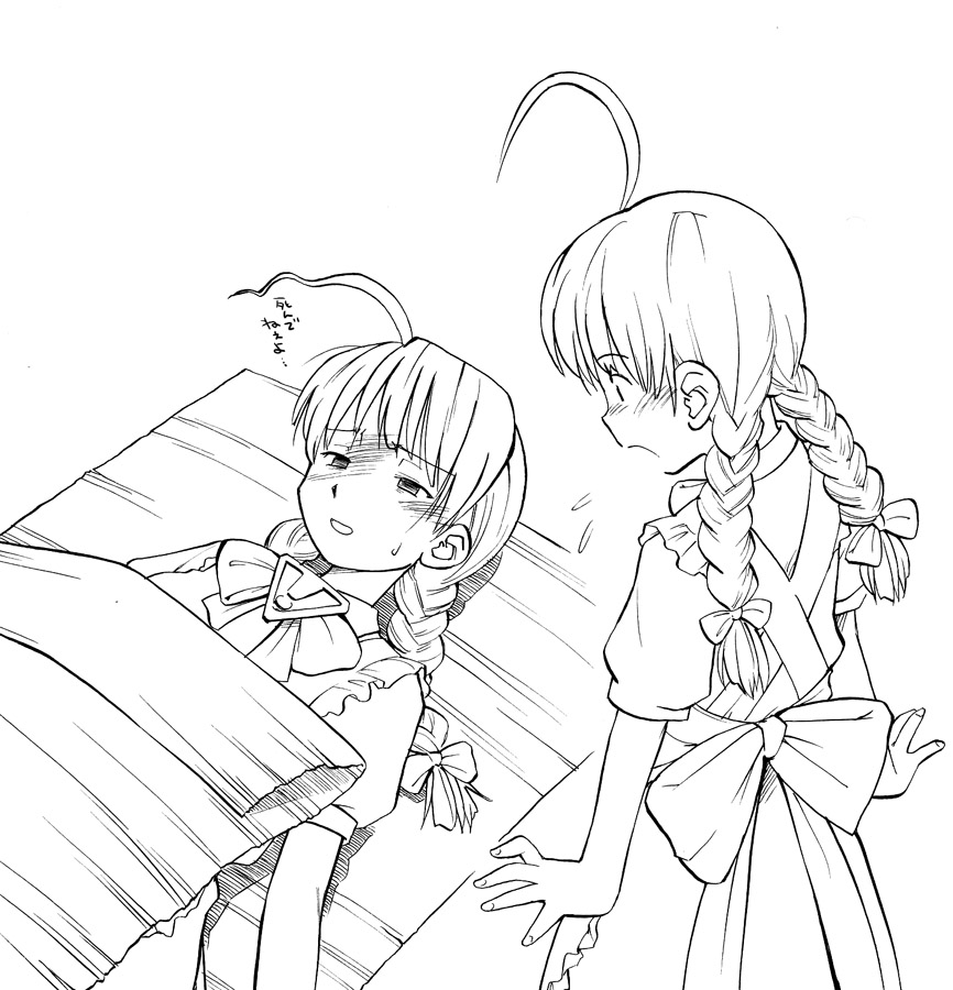 me-tan, we-tan, os-tan, ahoge, braid, greyscale, monochrome, twin braids