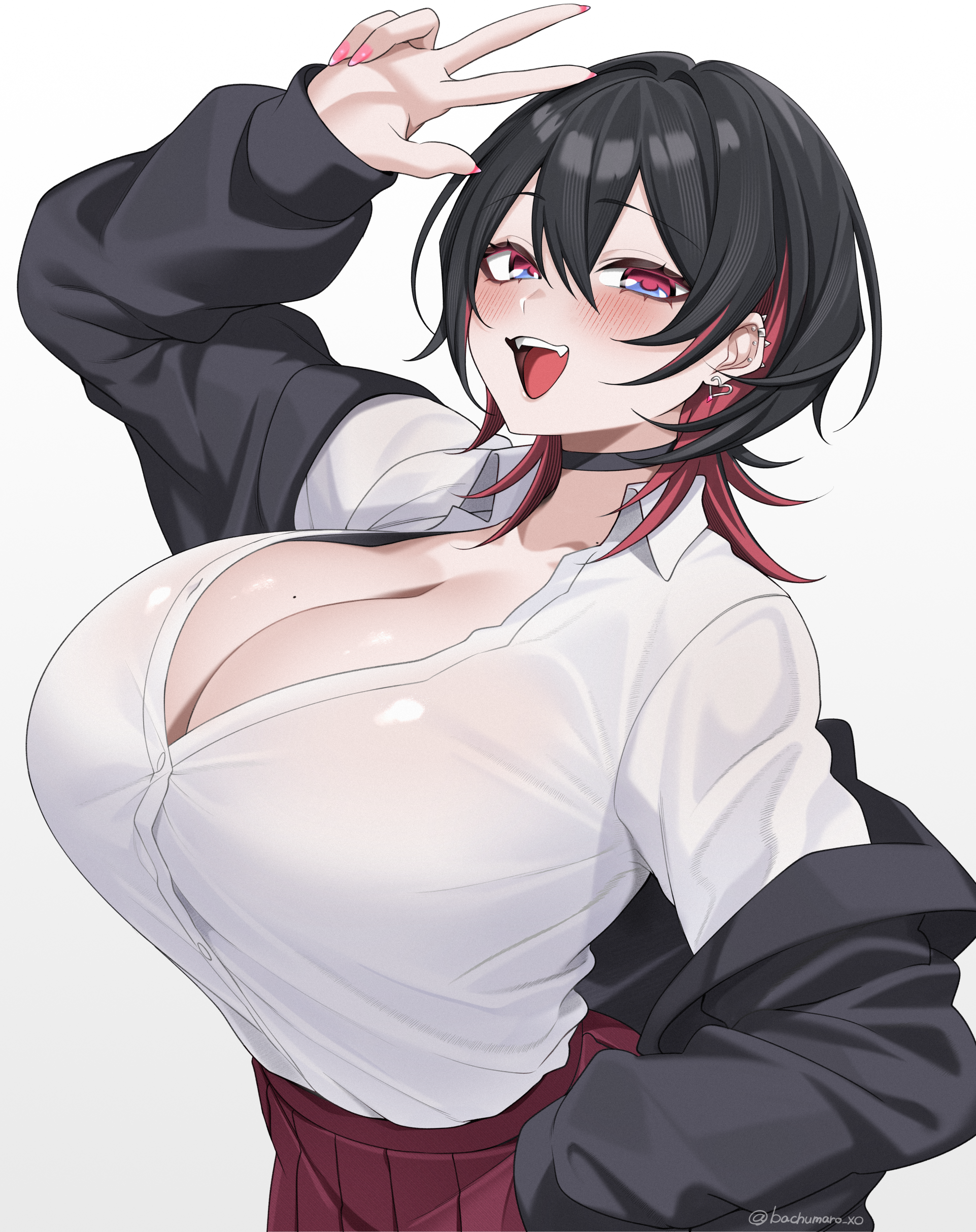 hz (666v), original, absurdres, highres, 1girl, arm up, black hair, blue eyes, breasts, cleavage cutout, clothing cutout, gyaru, huge breasts, jacket, medium hair, multicolored eyes, multicolored hair, open clothes, open jacket, open mouth, pleated skirt, red eyes, red hair, red skirt, school uniform, shirt, skirt, solo, two-tone hair, white shirt