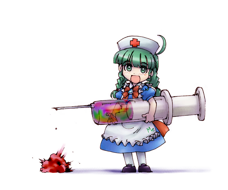 me-tan, os-tan, 1girl, ahoge, braid, female focus, green hair, large syringe, oversized object, solo, syringe, thighhighs, twin braids