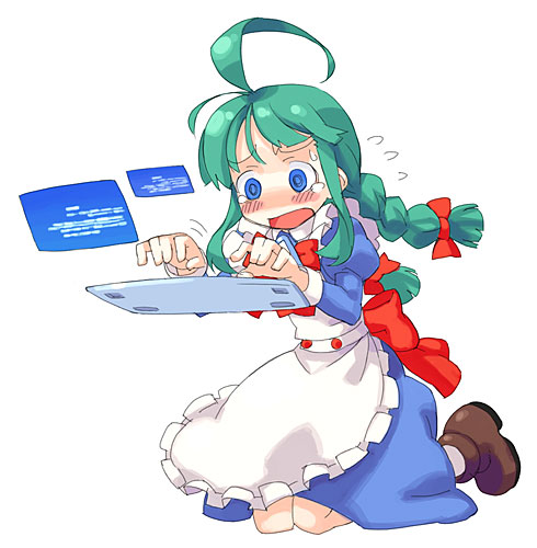 tanaka (cow), me-tan, os-tan, lowres, 1girl, ahoge, braid, computer keyboard, female focus, flying sweatdrops, green hair, holographic monitor, monitor, solo, twin braids