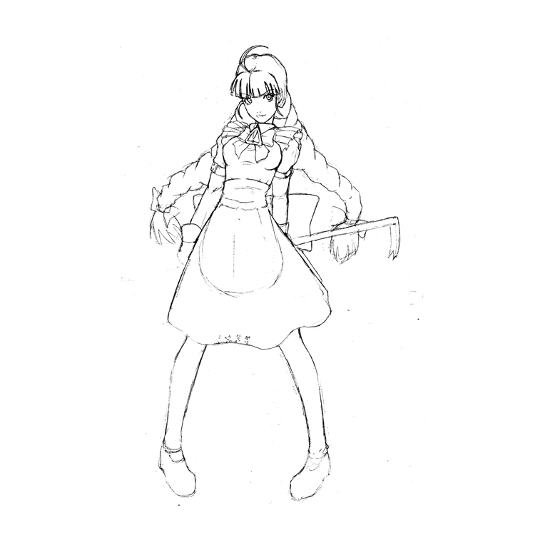 me-tan, os-tan, ahoge, braid, crowbar, greyscale, holding, holding crowbar, long hair, monochrome, solo, twin braids, weapon
