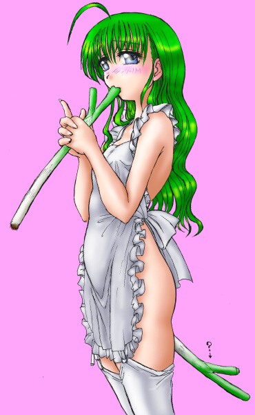 me-tan, os-tan, tagme, ahoge, apron, naked apron, solo, spring onion, thighhighs