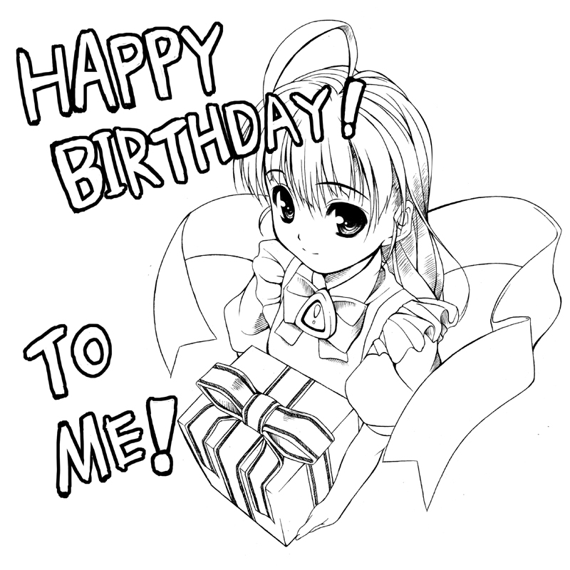 me-tan, os-tan, tagme, ahoge, gift, greyscale, monochrome, solo