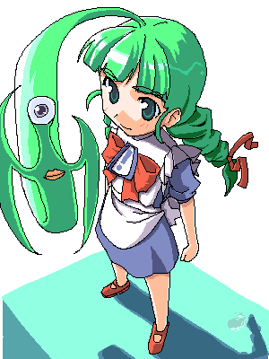 me-tan, migi (kiseijuu), kiseijuu, os-tan, lowres, 1girl, ahoge, aqua eyes, braid, female focus, green hair, huge ahoge, solo, twin braids, what