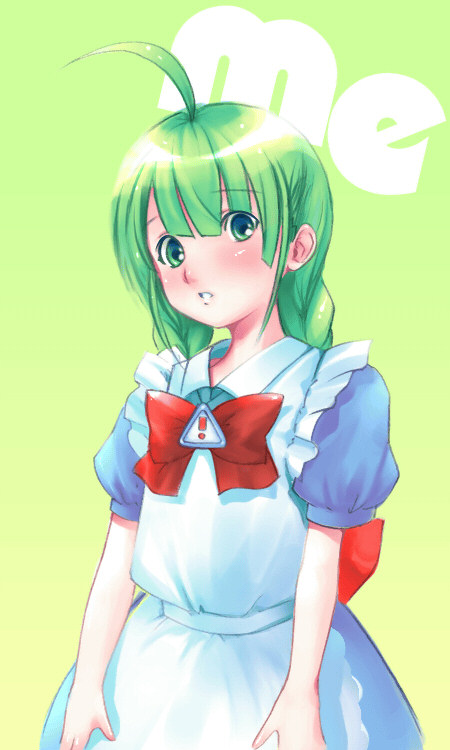 me-tan, os-tan, 1girl, ahoge, blush, braid, cowboy shot, female focus, gradient background, green eyes, green hair, maid, solo, standing, twin braids