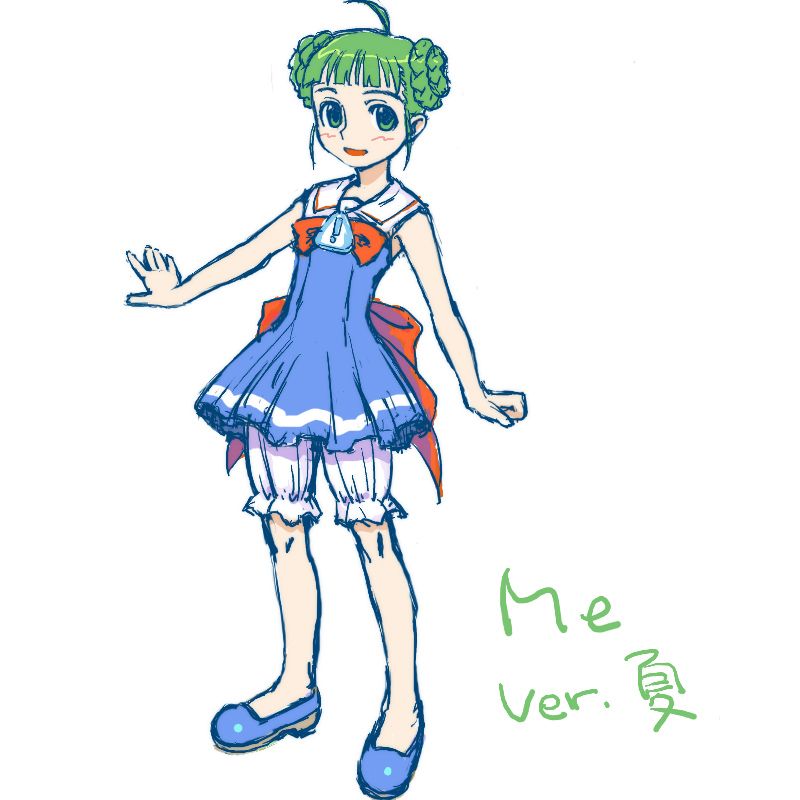 me-tan, os-tan, 1girl, :d, ahoge, bare arms, bare shoulders, bloomers, blue dress, blue shoes, blush, dress, female focus, full body, green hair, looking at viewer, open mouth, shoes, sign, simple background, sleeveless, sleeveless dress, smile, solo, standing, underwear, warning sign, white background, white bloomers