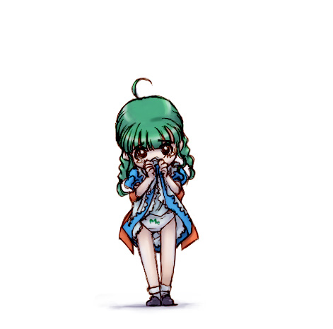 me-tan, os-tan, lowres, 1girl, chibi, chibi only, clothes lift, female focus, green hair, lifting own clothes, panties, shy, skirt, skirt lift, solo, underwear