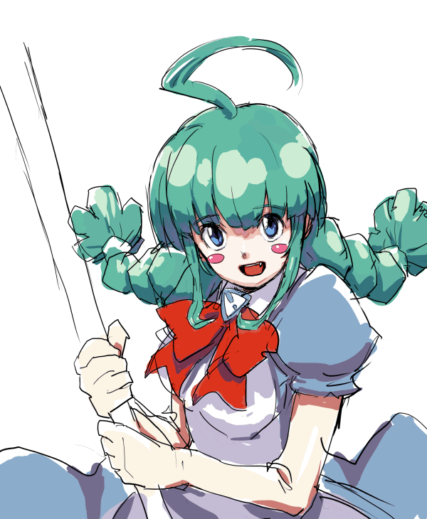 me-tan, os-tan, ahoge, aqua hair, blue eyes, blush, braid, fang, solo, twin braids