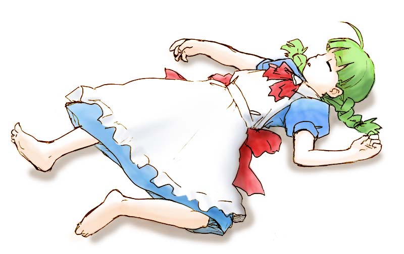 me-tan, os-tan, 1girl, ahoge, apron, barefoot, blue dress, blunt bangs, bow, bowtie, braid, closed eyes, dress, female focus, frilled apron, frills, full body, green hair, long hair, lying, on back, puffy short sleeves, puffy sleeves, red bow, red bowtie, short hair, short sleeves, simple background, sleeping, solo, spread legs, twin braids, white apron, white background