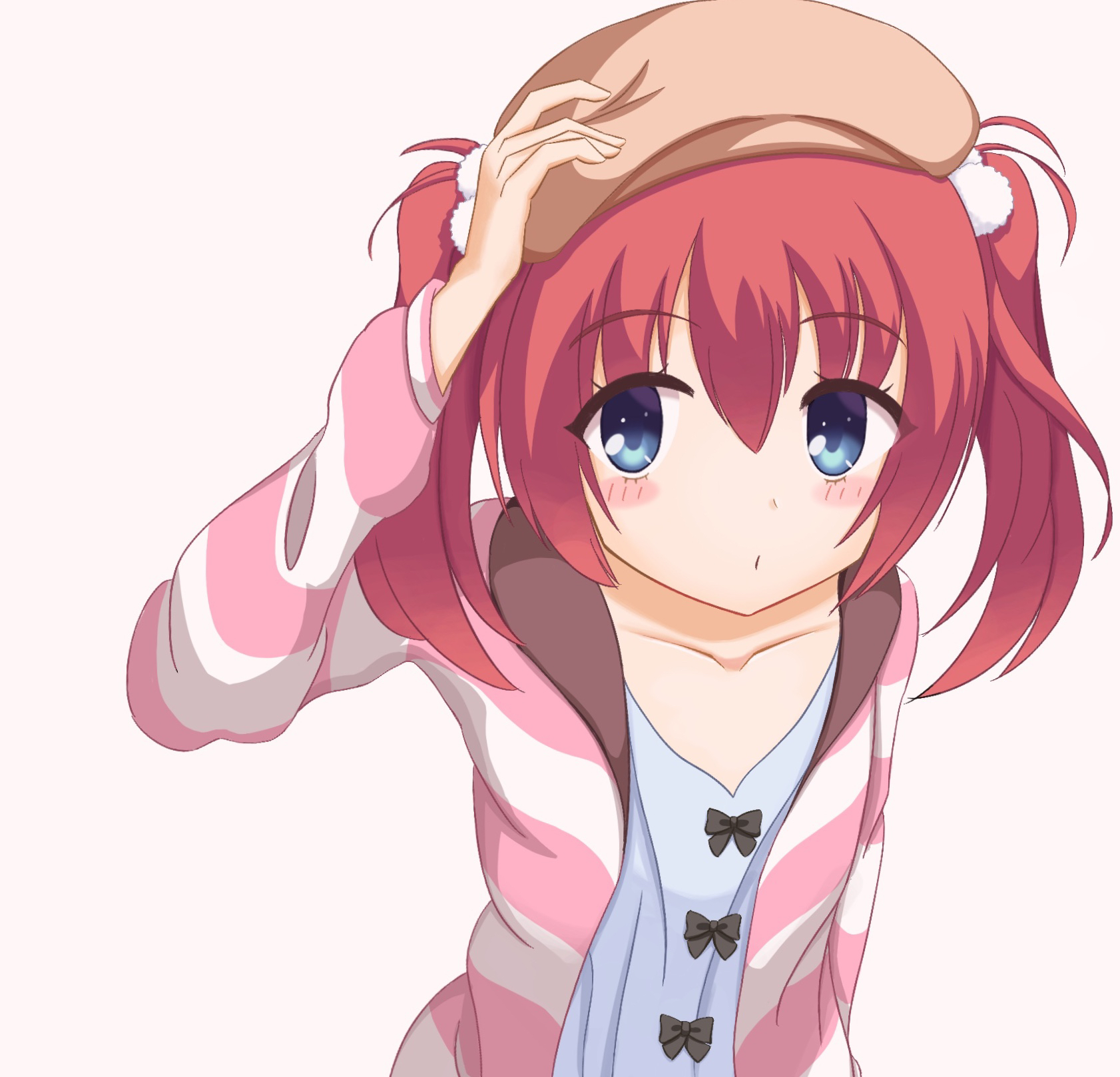 m edm paint, mibu chisaki, riddle joker, commentary, highres, 1girl, arm at side, beret, black bow, blue eyes, blue shirt, blush stickers, bow, brown hat, closed mouth, collarbone, eyes visible through hair, hair between eyes, hair ornament, hand on headwear, hand up, hat, jacket, long sleeves, medium hair, official alternate costume, pink jacket, pom pom (clothes), pom pom hair ornament, puckered lips, shirt, shirt bow, simple background, solo, striped clothes, striped jacket, tareme, twintails, upper body, white background