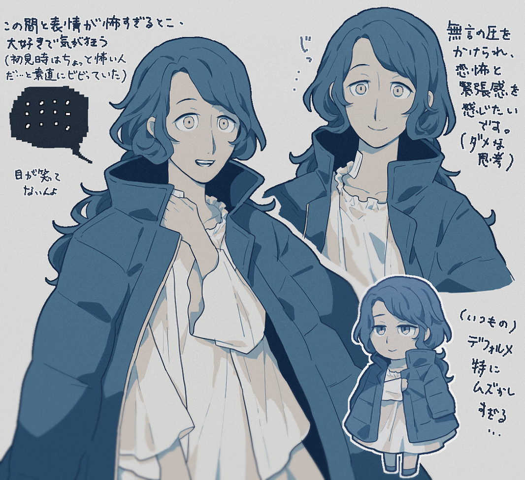 chiimako, toshi densetsu kaitai center, commentary request, translation request, 1girl, blue hair, chibi, chibi inset, closed mouth, coat, coat on shoulders, cropped torso, dress, grey background, hand up, hinata (toshi densetsu kaitai center), limited palette, long hair, long sleeves, looking at viewer, multiple views, open clothes, open coat, open mouth, simple background, smile, speech bubble, standing, wavy hair