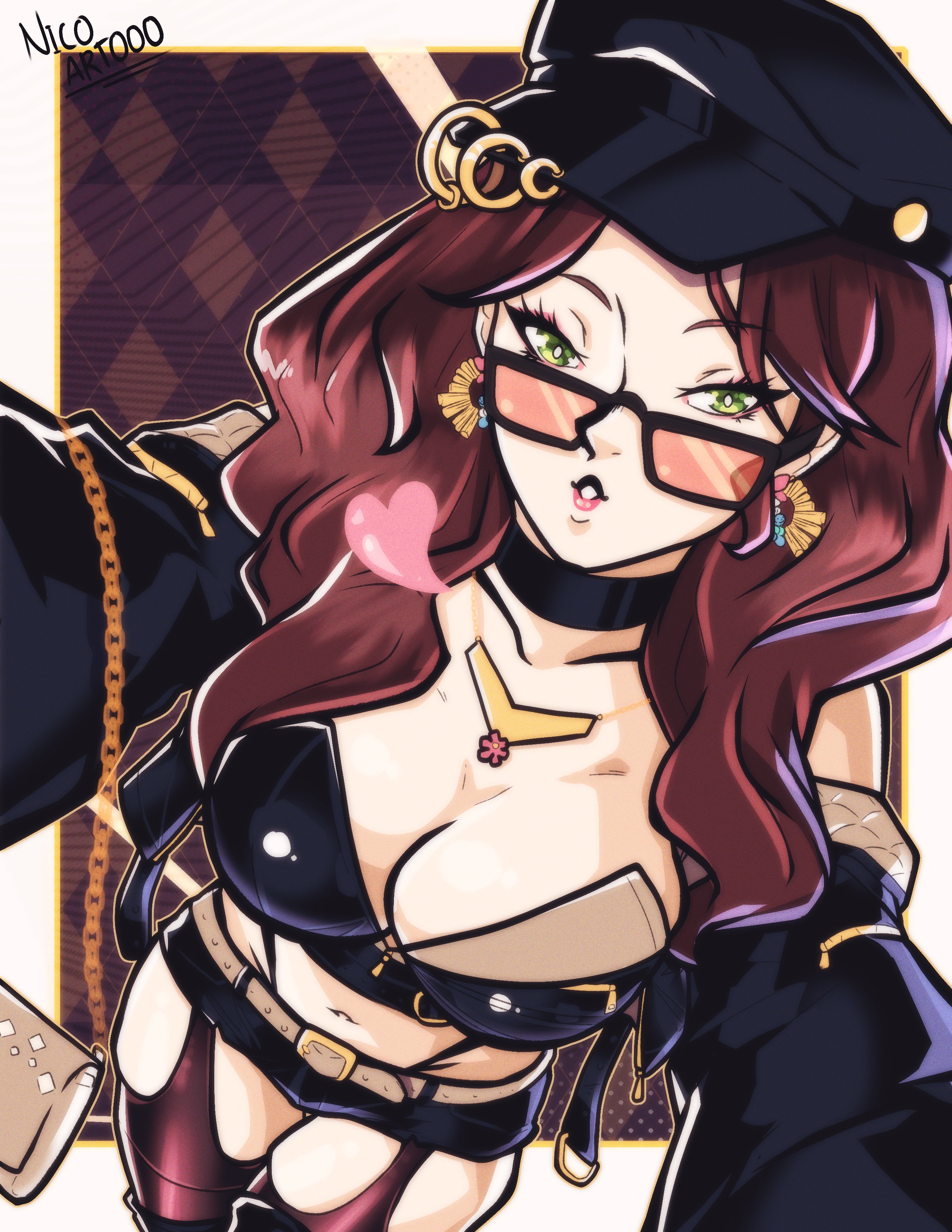 nico artoo, dorothea arnault, fire emblem, fire emblem: three houses, nintendo, absurdres, commentary, english commentary, highres, 1girl, :o, alternate costume, artist name, bag, black choker, black hat, black panties, black shorts, border, breasts, brown hair, choker, cleavage, earrings, from above, garter straps, glasses, green eyes, hat, heart, jewelry, long hair, looking at viewer, looking up, midriff, navel, panties, parted lips, short shorts, shorts, shoulder bag, skindentation, solo, thighs, underwear, white border