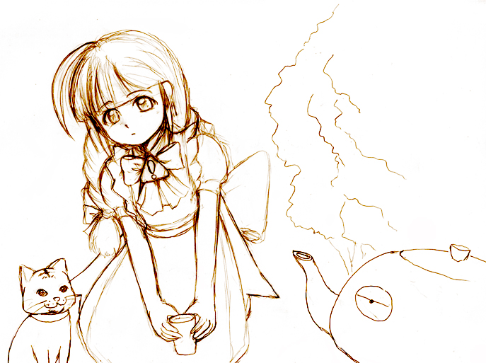 me-tan, os-tan, 1girl, ahoge, braid, brown theme, cat, female focus, monochrome, solo, twin braids