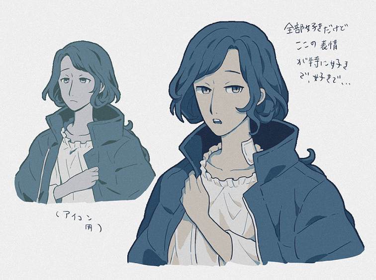 chiimako, toshi densetsu kaitai center, commentary request, translation request, 1girl, blue hair, closed mouth, coat, coat on shoulders, cropped torso, grey background, hand up, hinata (toshi densetsu kaitai center), limited palette, long hair, long sleeves, looking at viewer, multiple views, open mouth, simple background, upper body, wavy hair