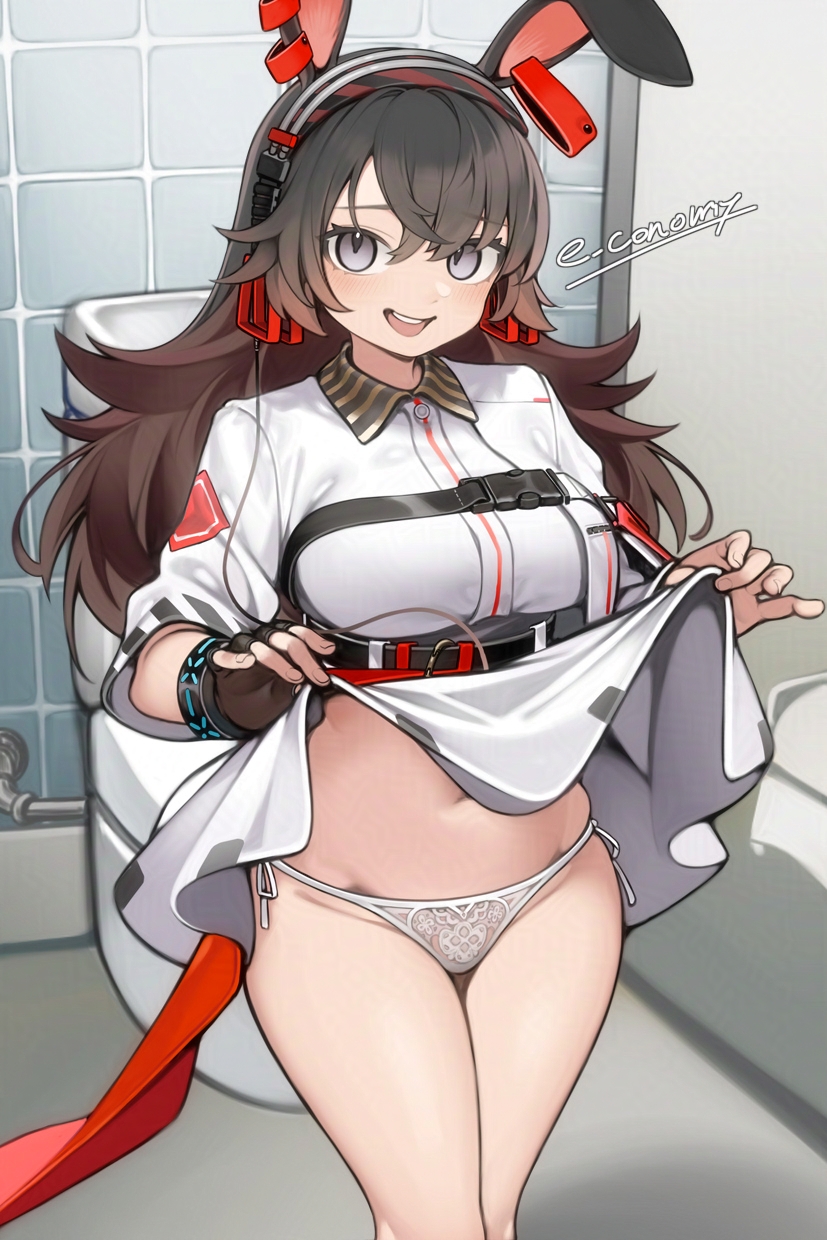 e draw paint, april (arknights), infection monitor (arknights), arknights, highres, 1girl, animal ears, bathroom, black hair, breasts, chest belt, clothes lift, collared shirt, cowboy shot, dress, fingerless gloves, gloves, gradient hair, grey eyes, hairband, indoors, large breasts, long hair, looking at viewer, lowleg, lowleg panties, midriff, multicolored hair, navel, open mouth, panties, rabbit ears, rabbit girl, shirt, side-tie panties, signature, single glove, skirt, skirt lift, smile, solo, teeth, toilet, underbust, underwear, upper teeth only, white dress, white panties