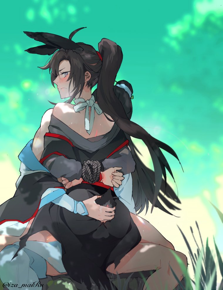 lan wangji, wei wuxian, modao zushi, 2boys, ahoge, anal, animal ears, arms behind back, ass, bare legs, bare shoulders, bdsm, black hair, black hanfu, blurry, blurry background, blush, bondage, bound, bound arms, bound wrists, brown hair, chinese clothes, closed mouth, clothes pull, grass, grey eyes, hand on another's ass, hanfu, holding another's tail, hug, implied sex, iza mairu, kemonomimi mode, long hair, long sleeves, looking at viewer, looking back, male focus, multiple boys, neck ribbon, off shoulder, open clothes, open robe, outdoors, pants, pants pull, ponytail, profile, rabbit boy, rabbit ears, rabbit tail, red sash, ribbon, robe, rope, sash, sex, sidelocks, sitting, sitting on lap, sitting on person, sleeves past wrists, straddling, sweat, tail, topknot, twitter username, upright straddle, white hanfu, white pants, white ribbon, wide sleeves, yaoi