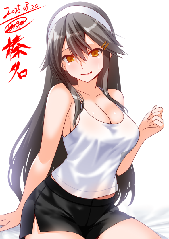 engo (aquawatery), haruna (kancolle), kantai collection, 1girl, alternate costume, black hair, black shorts, breasts, character name, cleavage, dated, hair ornament, hairband, hairclip, large breasts, long hair, looking at viewer, one-hour drawing challenge, orange eyes, shorts, signature, simple background, sitting, solo, tank top, white background, white hairband, white tank top