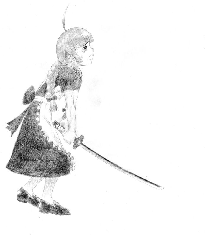 me-tan, os-tan, ahoge, braid, greyscale, monochrome, sword, weapon