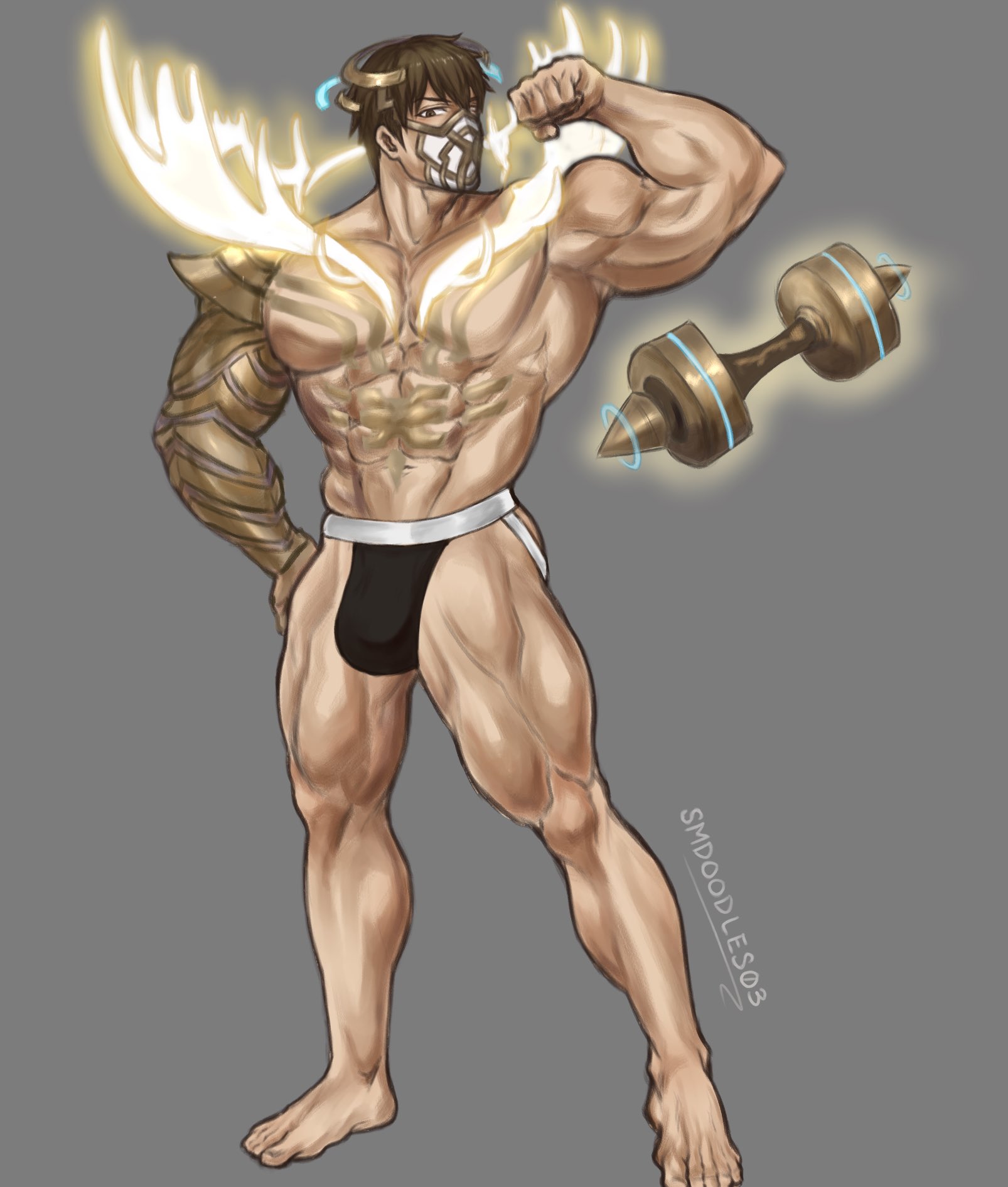 smdoodles03, eikthyrnir (fire emblem), eikthyrnir (resolved to train) (fire emblem), fire emblem, fire emblem heroes, nintendo, commentary, english commentary, highres, variant set, 1boy, abs, bara, barefoot, biceps, brown eyes, brown hair, dumbbell, flexing, floating, floating object, full body, grey background, headdress, jockstrap, large pectorals, male focus, male underwear, mask, mouth mask, muscular, muscular male, pectorals, short hair, solo, thick thighs, thighs, topless male, underwear