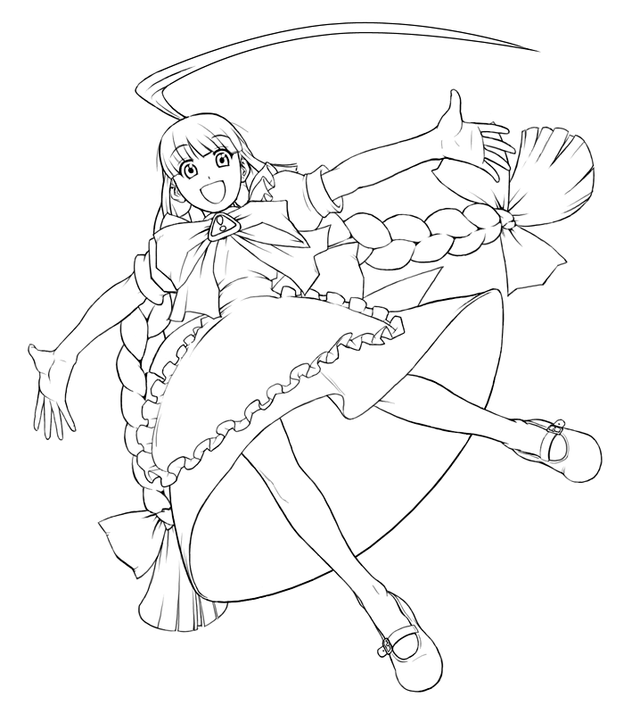 me-tan, os-tan, 1girl, ahoge, blunt bangs, braid, female focus, from below, full body, greyscale, huge ahoge, long hair, monochrome, outstretched arms, simple background, solo, spread arms, twin braids, very long hair, white background
