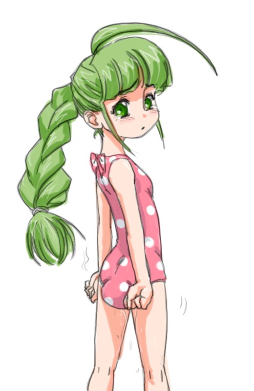 me-tan, os-tan, tagme, 1girl, female focus, green hair, one-piece swimsuit, pink one-piece swimsuit, simple background, solo, swimsuit, white background, white one-piece swimsuit
