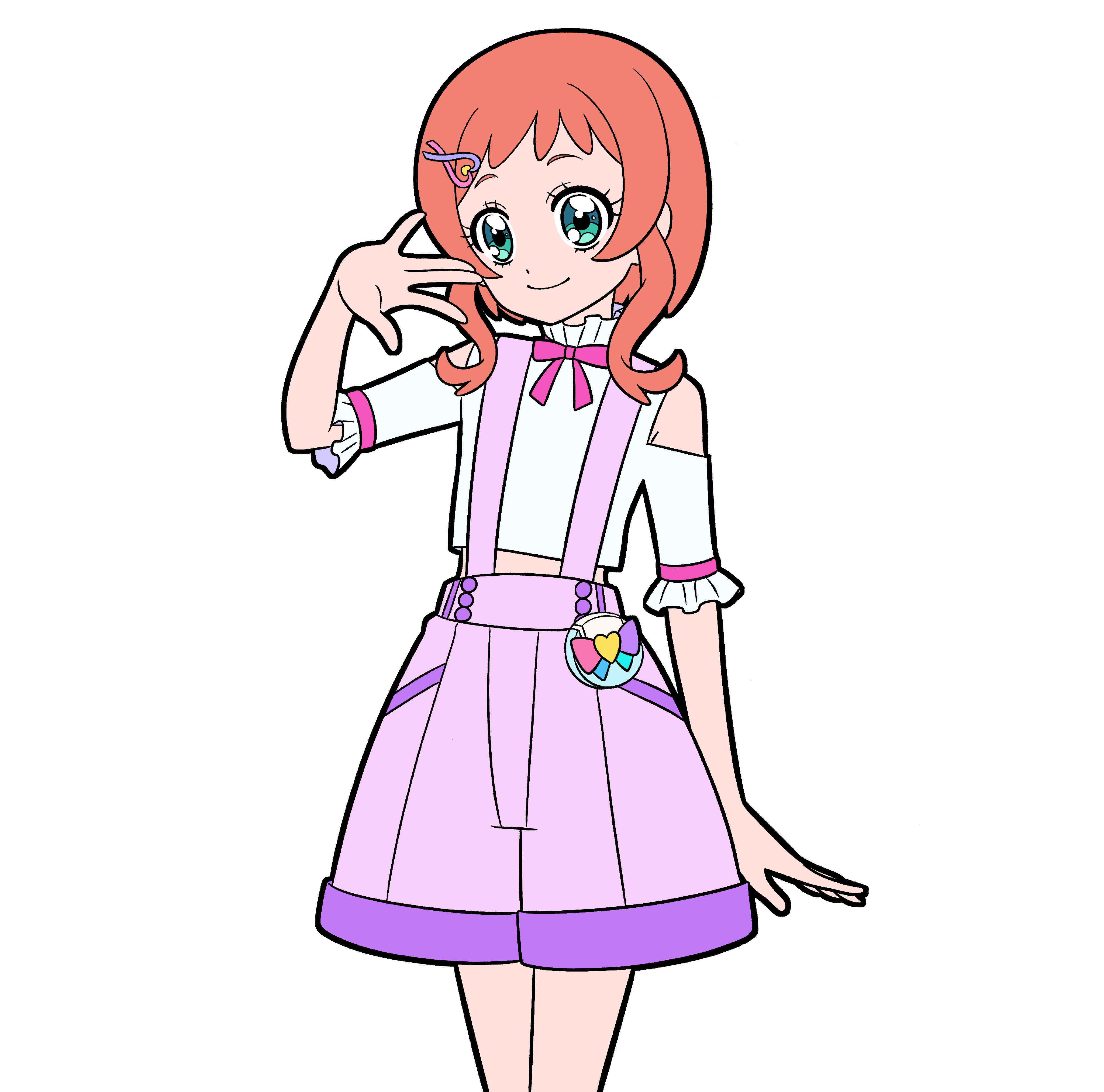 masami 01st, inukai iroha, precure, wonderful precure!, absurdres, commentary, highres, 1girl, aqua eyes, bare shoulders, buttons, closed mouth, clothing cutout, cowboy shot, cropped shirt, dot nose, frilled shirt, frilled sleeves, frills, hair ornament, hairclip, hand up, heart, heart hair ornament, legs together, looking at viewer, midriff, neck ribbon, orange hair, pact holder, pink ribbon, pouch, purple shorts, ribbon, shirt, short hair with long locks, short sleeves, shorts, shoulder cutout, simple background, smile, solo, standing, suspender shorts, suspenders, waving, white background, white shirt, wonderful pact