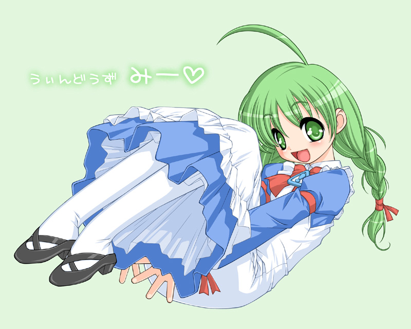 me-tan, os-tan, 1girl, :d, ahoge, apron, blue dress, blush, bow, bowtie, braid, dress, female focus, green eyes, green hair, heart, long sleeves, looking at viewer, mary janes, matching hair/eyes, open mouth, red bow, shoes, sign, smile, solo, thighhighs, twin braids, warning sign, white thighhighs