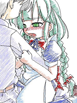 me-tan, os-tan, lowres, 1boy, 1girl, apron, belt, black hair, blue dress, blush, bow, bowtie, braid, dress, green eyes, green hair, hair ribbon, matching hair/eyes, open mouth, ribbon, short sleeves, sign, single braid, solo focus, tears, upper body, warning sign