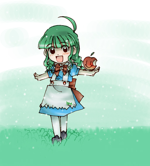 me-tan, os-tan, tagme, 1girl, chibi, chibi only, female focus, green hair, grey shoes, pantyhose, shoes, sky, solo, white pantyhose, white sky