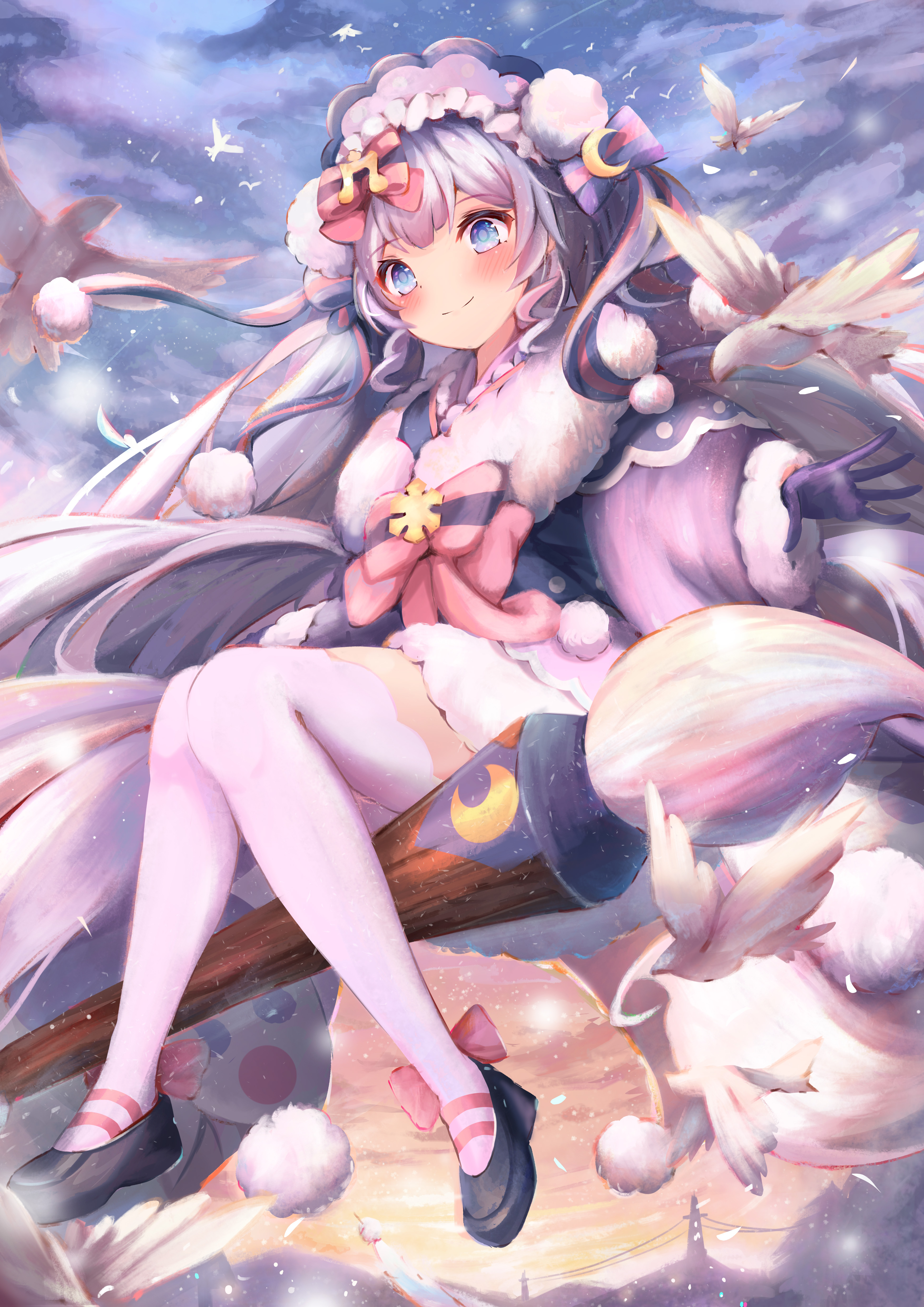 xiaodai lonely, hatsune miku, yuki miku, yuki miku (2023), vocaloid, absurdres, highres, 1girl, aqua hair, bird, black boots, blue bow, blue bowtie, blue eyes, blue gloves, blush, bonnet, boots, bow, bowtie, closed mouth, cloud, cloudy sky, crescent, crescent hair ornament, feathers, fortissimo, frilled bonnet, frills, fur-trimmed kimono, fur-trimmed sleeves, fur trim, giant brush, gloves, hair ornament, japanese clothes, kimono, long hair, looking at viewer, musical note, musical note hair ornament, official alternate costume, official alternate hairstyle, paintbrush, pink bow, pink bowtie, pink thighhighs, pom pom (clothes), riding, sky, smile, solo, thighhighs, very long hair, white bird