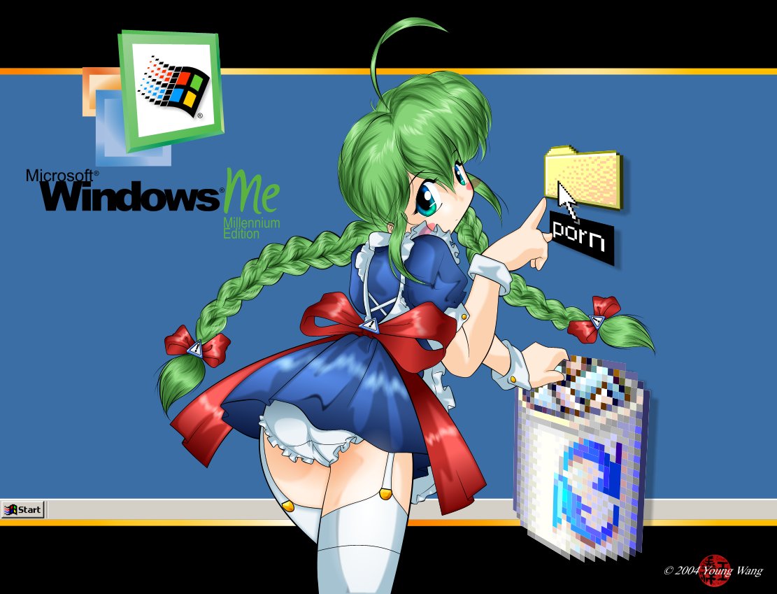 young wang, me-tan, microsoft, microsoft windows, os-tan, windows classic, windows me, 1girl, ahoge, apron, aqua eyes, ass, blush, bow, braid, cowboy shot, female focus, folder, frills, from behind, garter straps, green eyes, green hair, hair bow, icon (computing), long hair, looking at viewer, looking back, maid, maid apron, mouse pinter, panties, pantyshot, pixelated, pointer, pointing, puffy short sleeves, puffy sleeves, recycle bin, red bow, short sleeves, sign, solo, thighhighs, trash can, twin braids, underwear, warning sign, warning sign hair ornament, white panties, white thighhighs, wrist cuffs