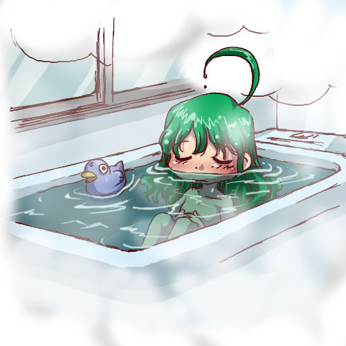 me-tan, os-tan, lowres, 1girl, bath, chibi, chibi only, female focus, nude, rubber duck, solo, steam