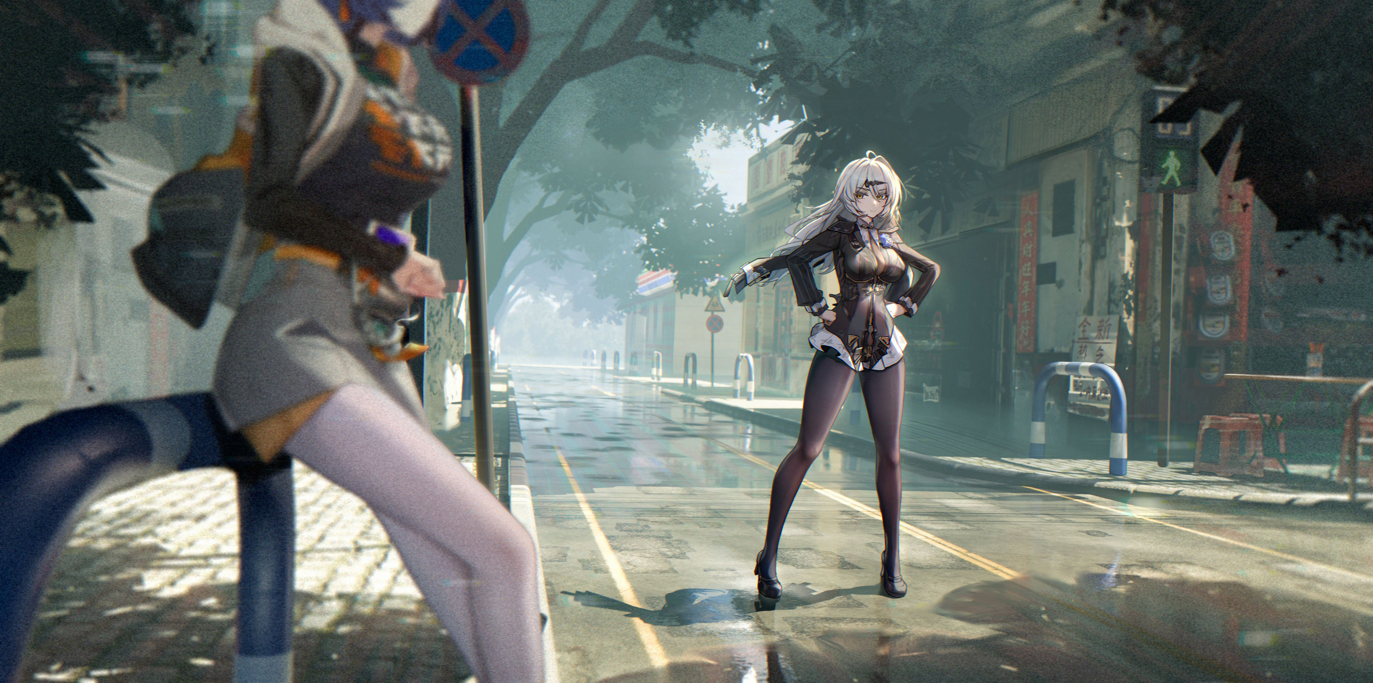 dynamotor, belle (zenless zone zero), yixuan (trails of ink) (zenless zone zero), yixuan (zenless zone zero), zenless zone zero, absurdres, commentary request, highres, 2girls, black jacket, black pantyhose, black shirt, black shoes, breasts, grey skirt, hair ornament, hands on own hips, jacket, large breasts, long hair, looking at another, miniskirt, multiple girls, official alternate costume, outdoors, pantyhose, shirt, shoes, skirt, white hair, white pantyhose, white skirt, yellow eyes