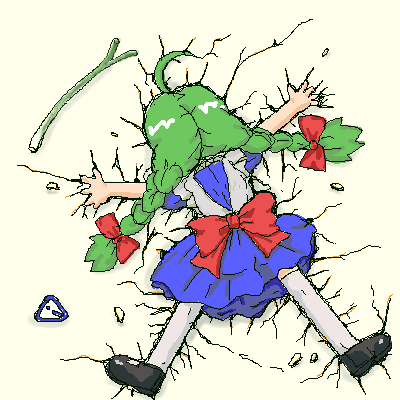me-tan, os-tan, lowres, 1girl, ahoge, braid, crack, female focus, green hair, oekaki, solo, spring onion, thighhighs, twin braids, wall crash