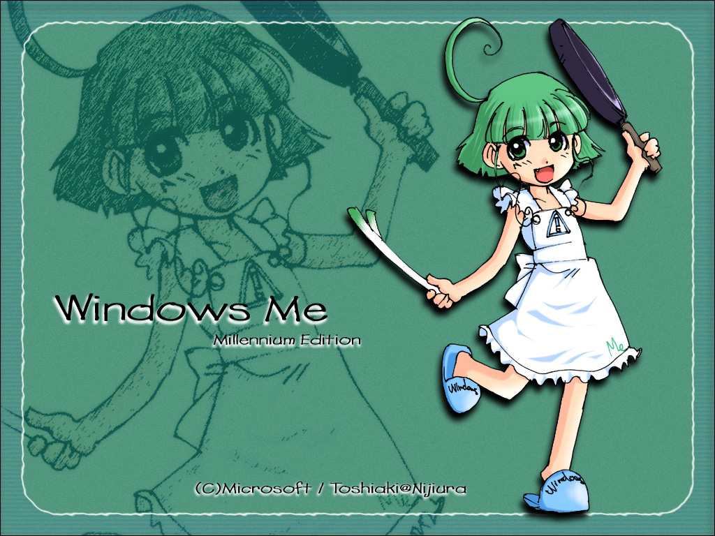 me-tan, microsoft, microsoft windows, os-tan, windows classic, windows me, artist request, 1girl, ahoge, alternate hairstyle, apron, artist name, bare legs, blue slippers, blunt bangs, child, eyes visible through hair, facing viewer, fang, female focus, frying pan, full body, green eyes, green hair, happy, looking at viewer, short hair, short hair with long locks, sign, slippers, smile, solo, spring onion, standing, standing on one leg, warning sign, white apron, zoom layer