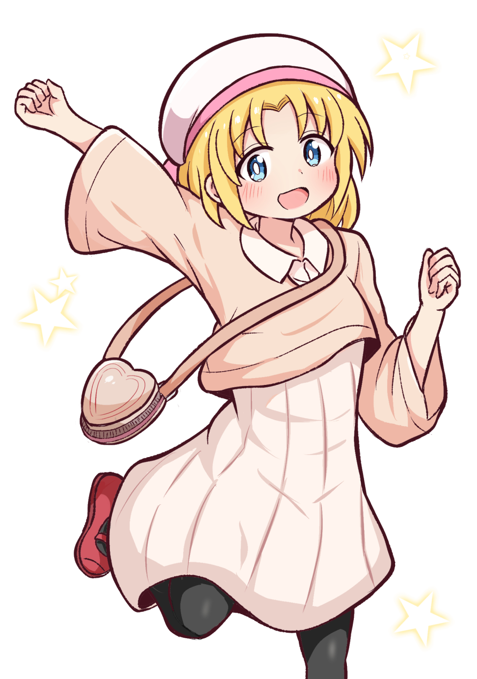 yuu kurema, lily baker, game center shoujo to ibunka kouryuu, commentary request, highres, 1girl, :d, arm up, bag, black pantyhose, blonde hair, blue eyes, blush, brown bag, brown shirt, dress, grey dress, happy, hat, heart-shaped bag, leg up, long sleeves, looking at viewer, mary janes, medium hair, open mouth, pantyhose, parted bangs, pleated dress, red shoes, shirt, shoes, shoulder bag, simple background, smile, solo, split mouth, standing, standing on one leg, star (symbol), star symbol background, white background, white hat