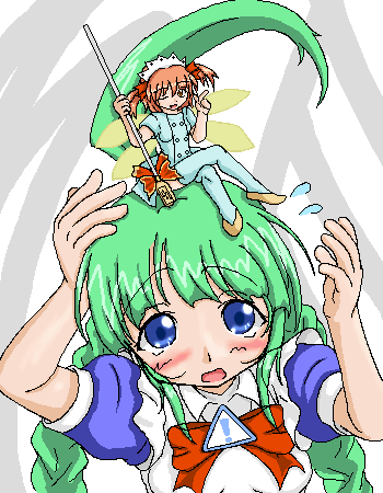 ce-tan, me-tan, os-tan, lowres, 2girls, ahoge, huge ahoge, mini person, minigirl, multiple girls, thighhighs