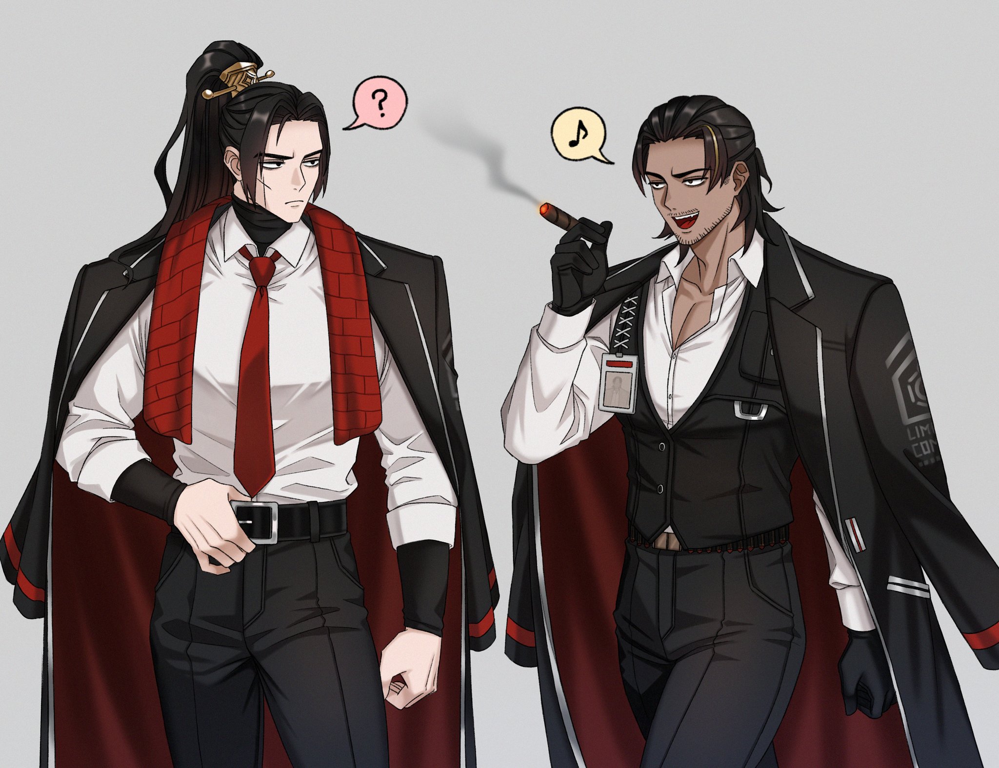 jia qiu (project moon), lei heng (project moon), limbus company, project moon, highres, 2boys, :d, ?, adjusting belt, alternate costume, beard stubble, black eyes, black gloves, black hair, black jacket, black vest, blonde streaks, cigar, clenched hand, cowboy shot, cross scar, curtained hair, facial hair, gloves, grin, hair ornament, hand on own stomach, high ponytail, holding, holding cigar, id card, jacket, jacket on shoulders, kohath lim, lcb uniform (project moon), looking at another, mullet, multiple boys, musical note, necktie, open mouth, ponytail, red necktie, red scarf, scar, scar on face, scarf, shirt, single horizontal stripe, sleeves rolled up, smile, smoking, spoken musical note, spoken question mark, stole, stubble, vest, walking, white shirt