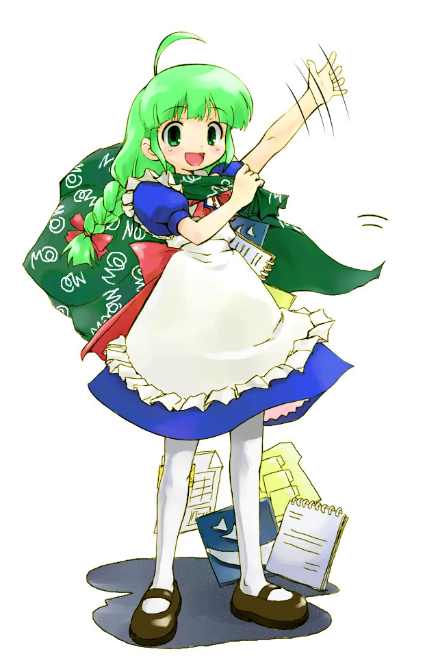 me-tan, os-tan, 1girl, :d, ahoge, apron, carrying over shoulder, crescent, female focus, full body, green eyes, green hair, mary janes, matching hair/eyes, motion lines, open mouth, puffy short sleeves, puffy sleeves, sack, shoes, short sleeves, sign, smile, solo, standing, thighhighs, warning sign, waving