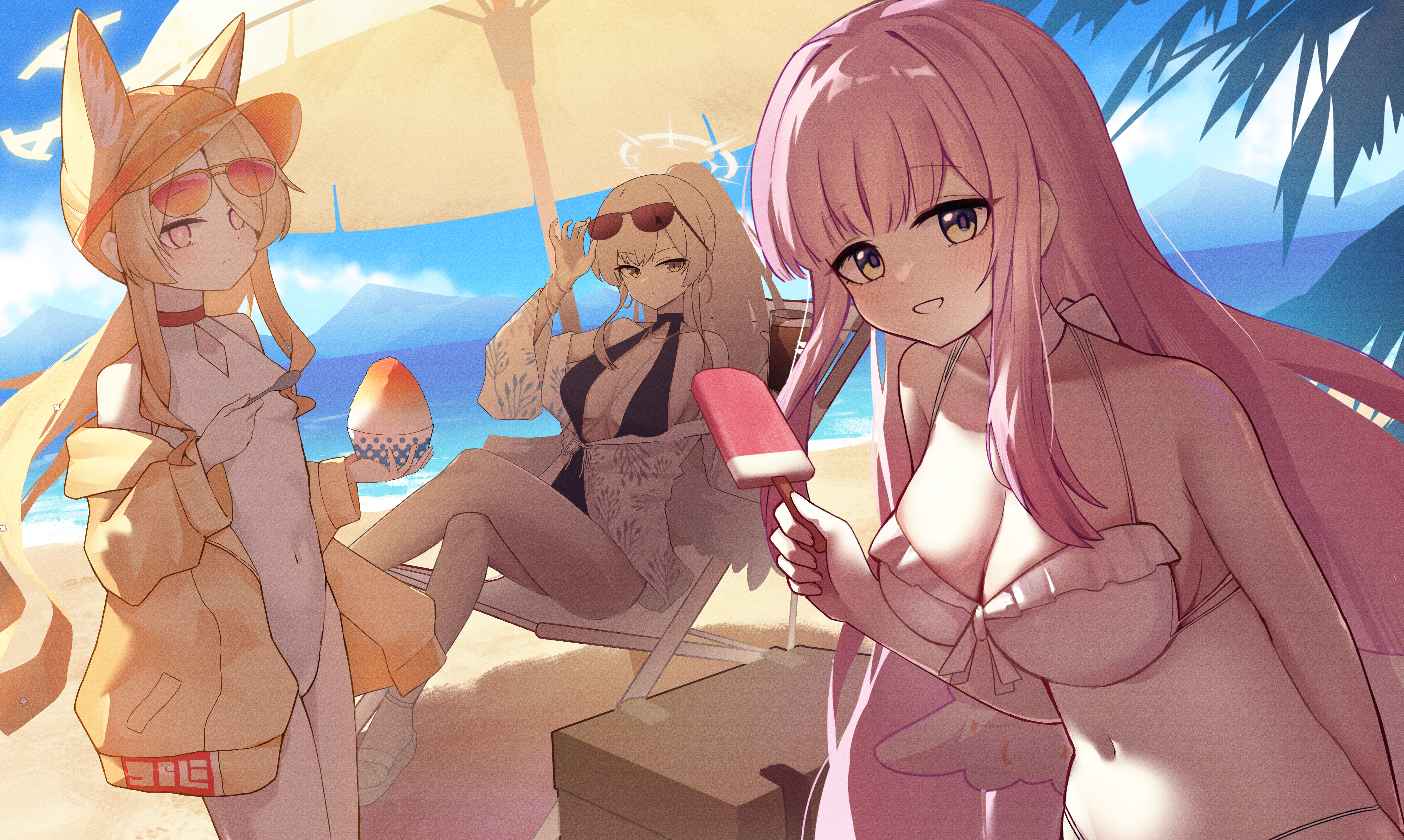 chyuukaa0124, mika (blue archive), mika (swimsuit) (blue archive), nagisa (blue archive), nagisa (swimsuit) (blue archive), seia (blue archive), seia (swimsuit) (blue archive), blue archive, absurdres, highres, 3girls, adjusting eyewear, animal ears, beach, bikini, black one-piece swimsuit, blonde hair, blush, breasts, day, eyewear on head, food, fox ears, fox girl, halo, hand on eyewear, holding, holding food, holding popsicle, jacket, large breasts, long hair, long sleeves, looking at viewer, lying, multi-strapped bikini bottom, multiple girls, navel, off shoulder, official alternate costume, official alternate hairstyle, on back, one-piece swimsuit, open clothes, open jacket, open mouth, outdoors, pink hair, pink halo, popsicle, small breasts, smile, sunglasses, swimsuit, white bikini, white halo, white one-piece swimsuit, yellow eyes, yellow jacket