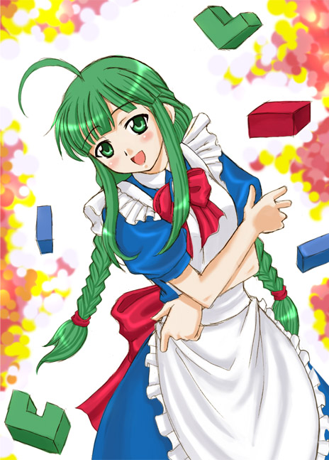 me-tan, os-tan, 1girl, ahoge, apron, blunt bangs, blush, bow, braid, female focus, frills, green eyes, green hair, maid, maid apron, matching hair/eyes, open mouth, solo, twin braids